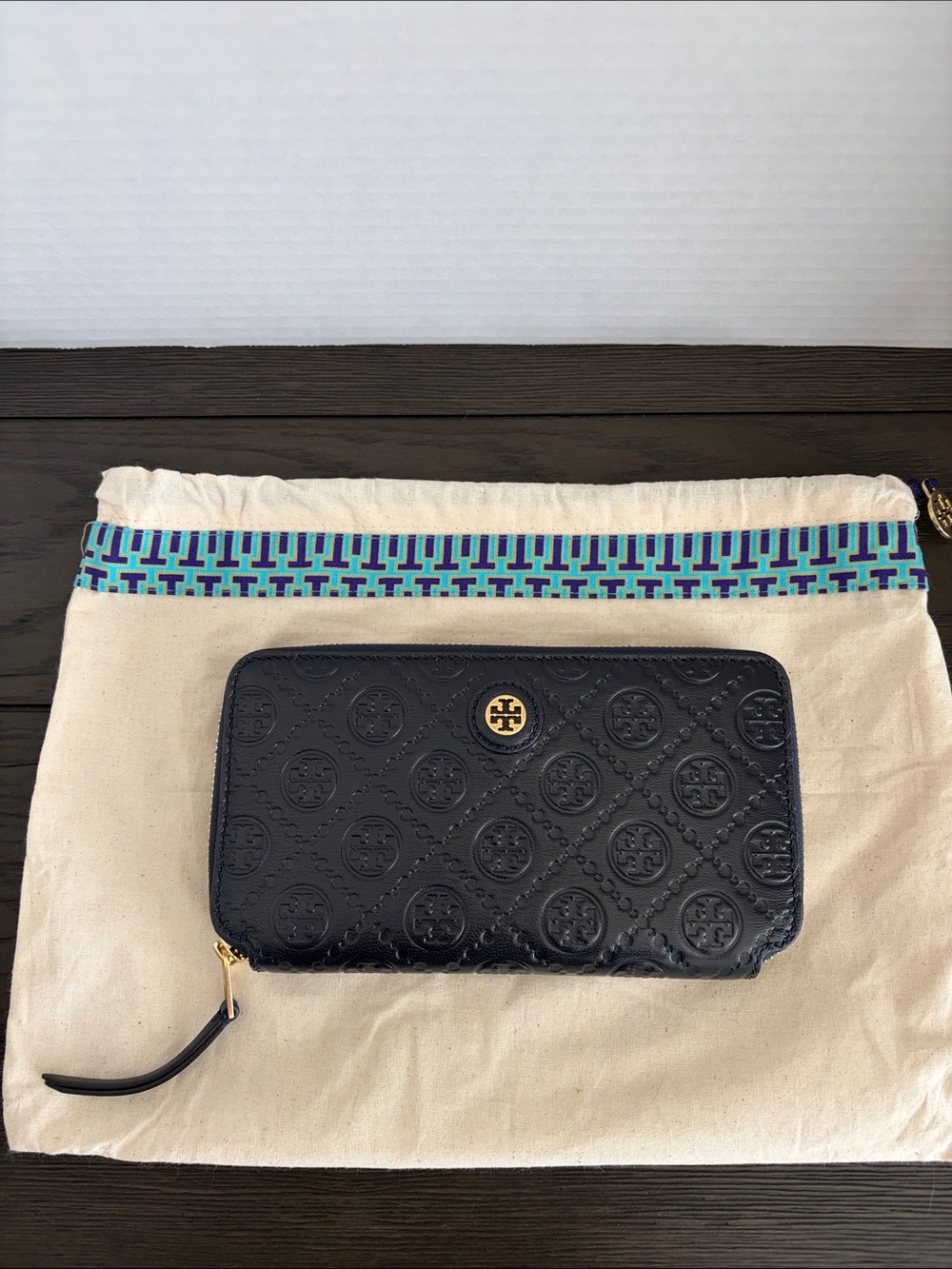 Tory Burch Navy Blue Embossed Zip-Around Wallet with Gold Logo